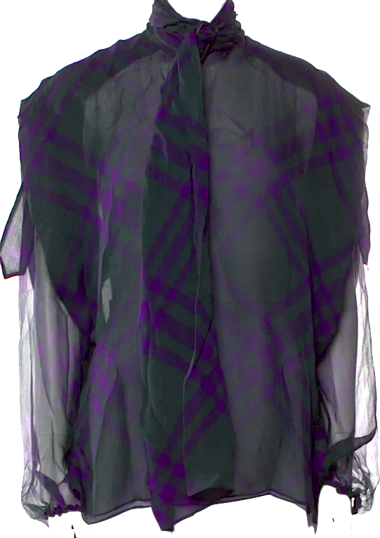 Burberry UK. Blue Silk Plaid Print Blouse