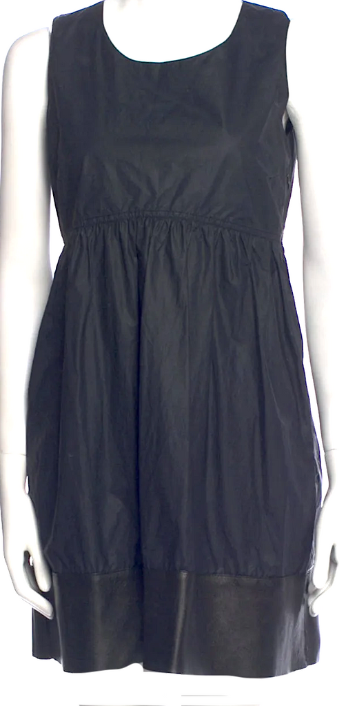 Celine Paris. PHOEBE PHILO DESIGNER. Black Nylon/Leather A-Line Scoop Neck Mini Dress