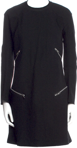 Joseph Italy. Black Wool Blend V Neck Sheer Long Sleeve Leather Accent Pencil Dress