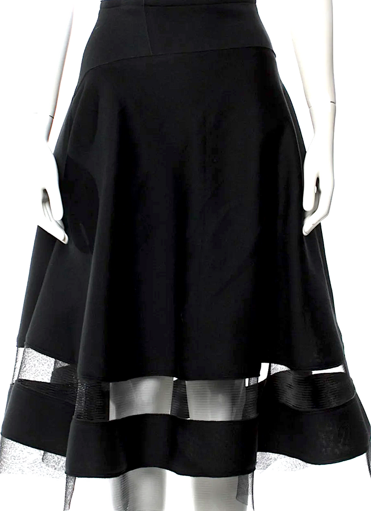 Donna Karan NYC. Black Modal Fabric Mesh Accents Midi Length Skirt