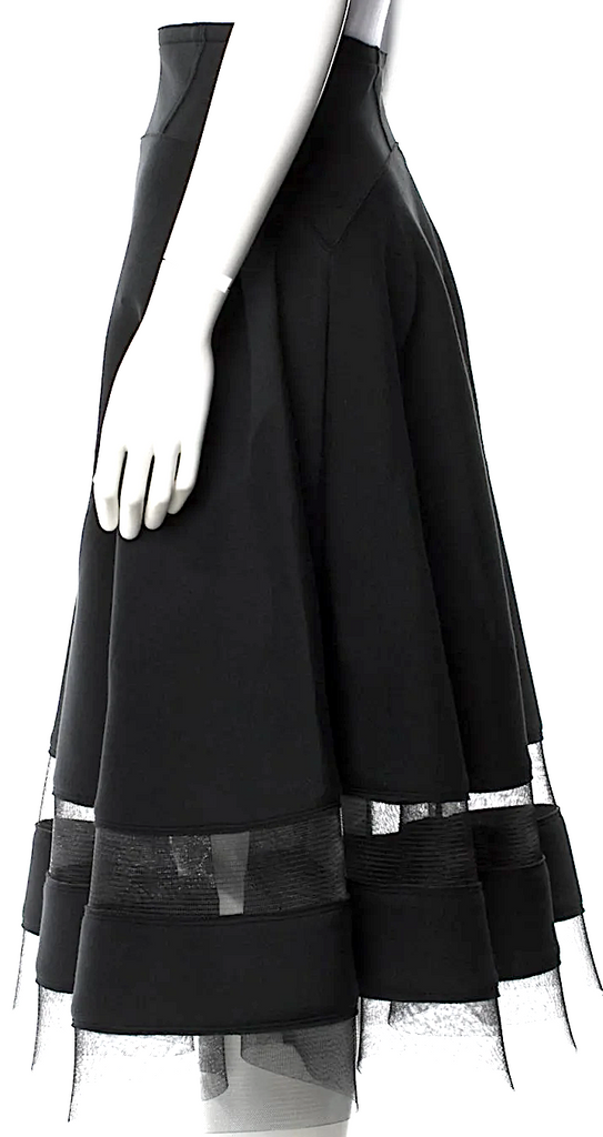 Donna Karan NYC. Black Modal Fabric Mesh Accents Midi Length Skirt