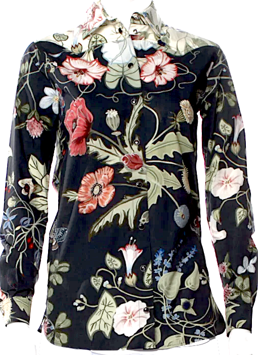Gucci ITALY. Dark Gray Cotton Floral Print Long Sleeve Blouse