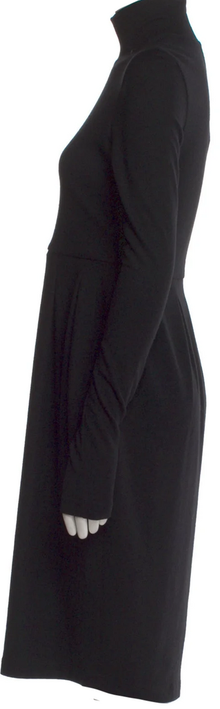 JIL SANDER. Black Wool Pleated Accents Long Sleeve BodyCon Dress