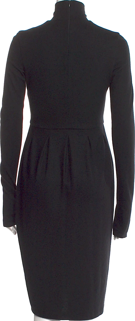 JIL SANDER. Black Wool Pleated Accents Long Sleeve BodyCon Dress
