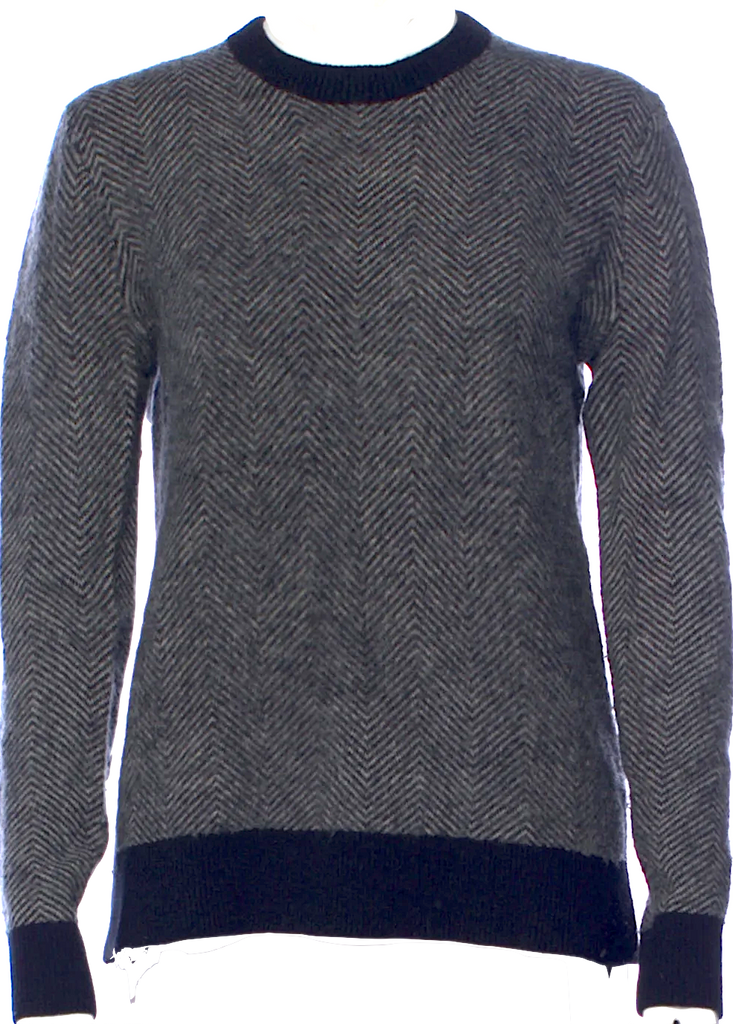 Joseph London. Gray/Blue Herringbone Pattern Wool Crew Neck Sweater