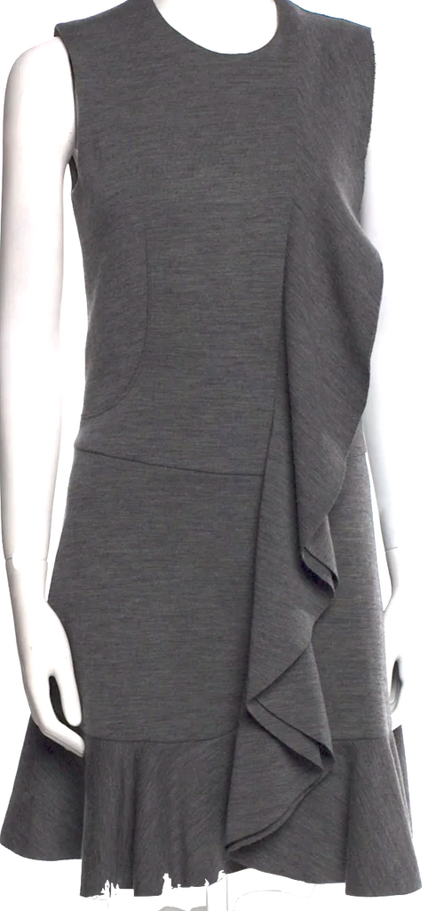 Joseph London. Gray Virgin Wool Mini Dress w/Ruffle Embellishment