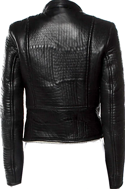 Joseph LONDON. Black Leather Colorblock Pattern Biker Jacket