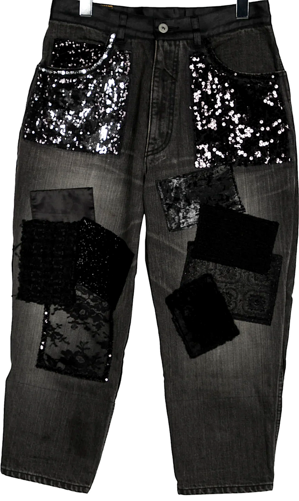 Comme des Garcons Japan. Junya Watanabe. Black Denim, Leather, Sequined Cropped Pants