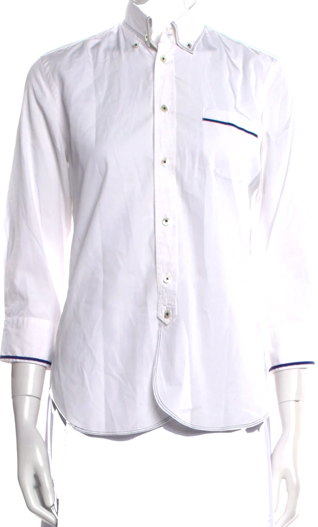Comme des Garçons Japan. Junya Watanabe. White Three-Quarter Sleeve Button-Up Top