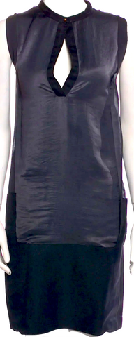 PRADA Italy. Black Crepe Gathered Detail Sleeveless A-Line Dress