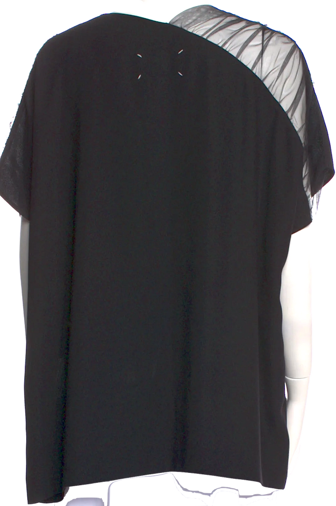 Maison Margiela Paris. Black Scoop Neck Mesh Accents Short Sleeve Shirt/Top