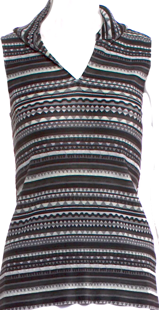 Issey Miyake Japan. Pleats Please. Striped V-Neck Top w/Hood