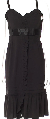 LANVIN PARIS. Black Raw Edge PolyTech Fabric Short Sleeves Tye Knee Length Dress