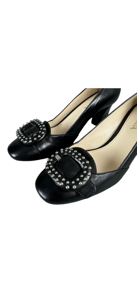 Prada Pumps Italy. NEW W/Box Black Leather Calzature Donna Nappa Studded Buckle US 9.5