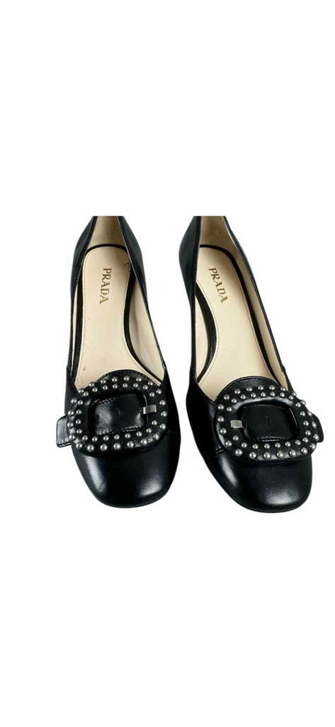 Prada Pumps Italy. NEW W/Box Black Leather Calzature Donna Nappa Studded Buckle US 9.5