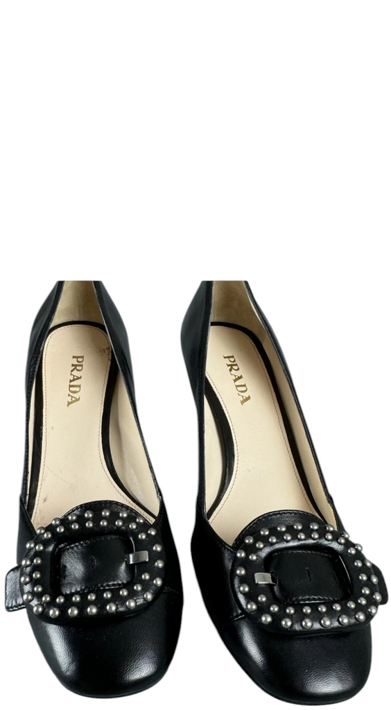 Prada Pumps Italy. NEW W/Box Black Leather Calzature Donna Nappa Studded Buckle US 9.5