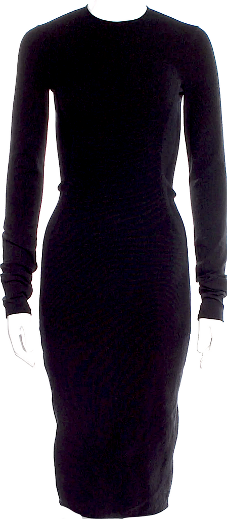 RICK OWENS PARIS. Black Cotton/Viscose Vintage BodyCon Backless Fitted Long Sleeve Dress