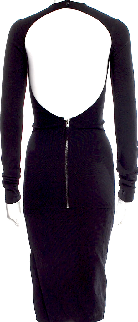 RICK OWENS PARIS. Black Cotton/Viscose Vintage BodyCon Backless Fitted Long Sleeve Dress