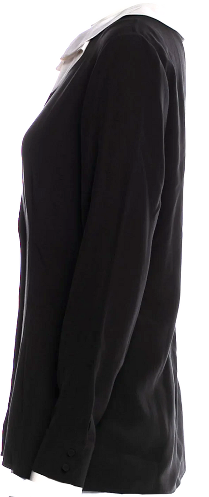 Saint Laurent Paris. 2014 Collection. Black Silk White Collar Accent Button-Up Top
