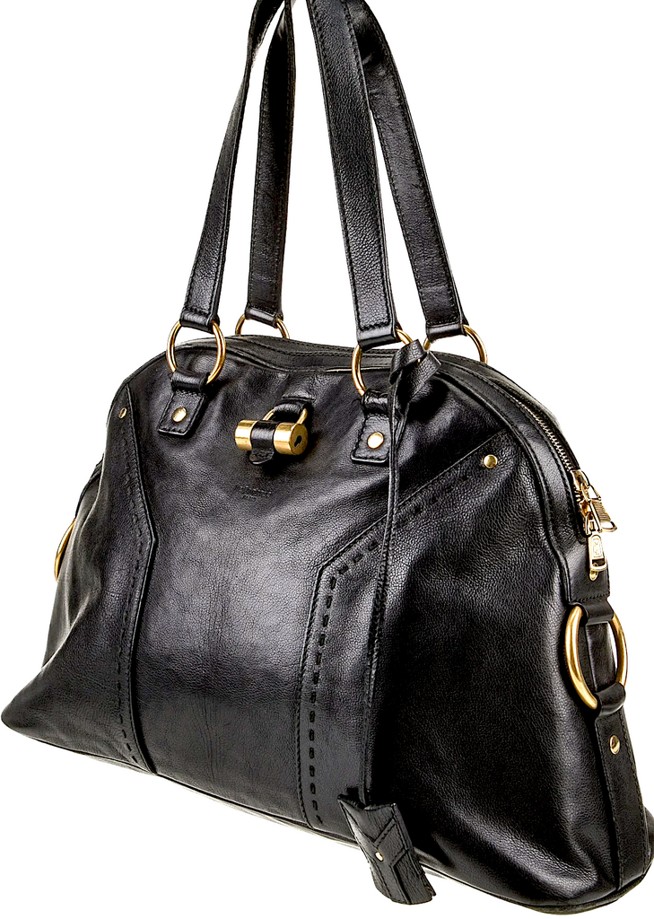 YVES SAINT LAURENT PARIS. Black Leather Vintage Shoulder Bag / Tote Bag