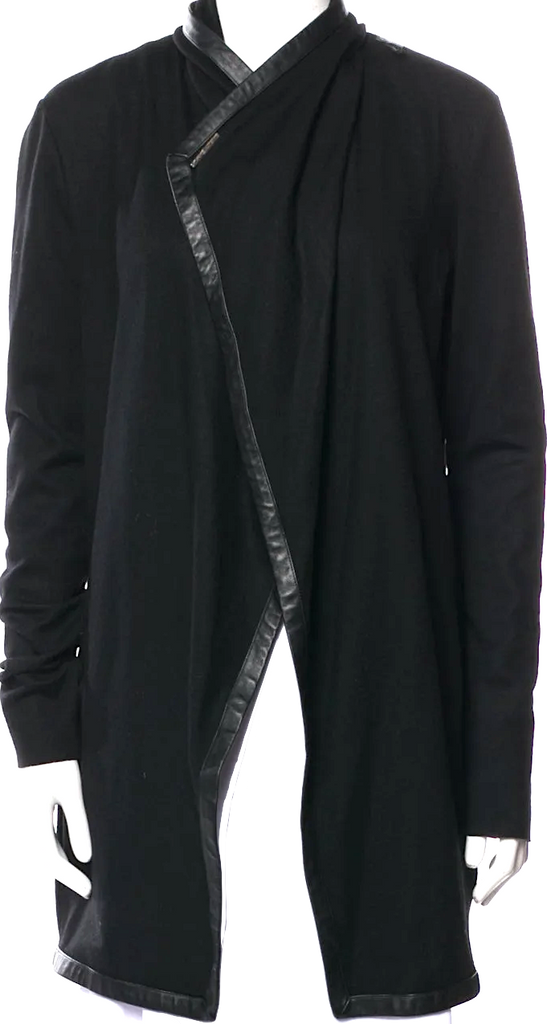 HELMUT LANG. Black Wool Leather Trim Asymmetrical Jacket