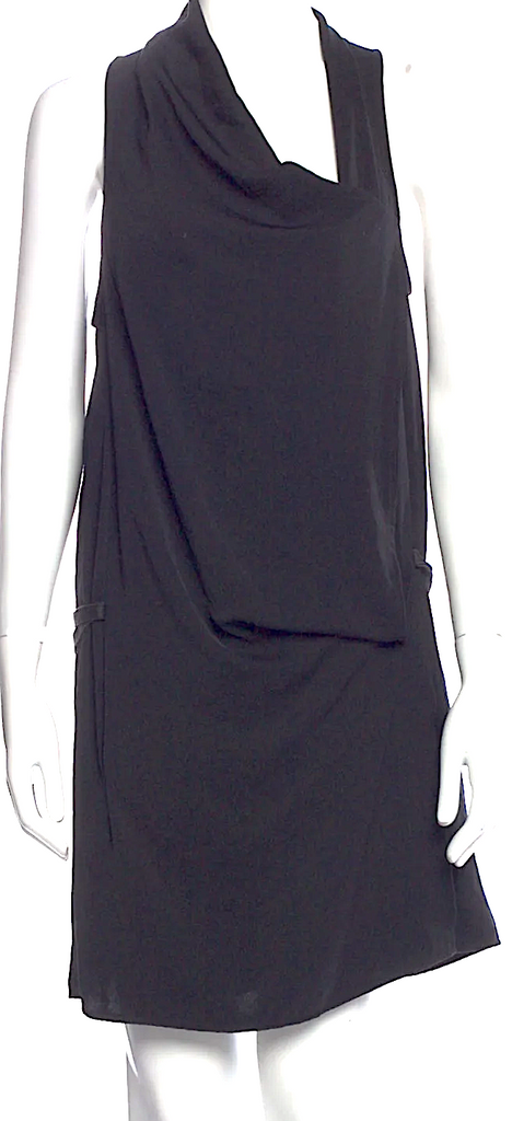 Helmut Lang NY. Black Poly/Calfskin Cowl Neck Mini Dress