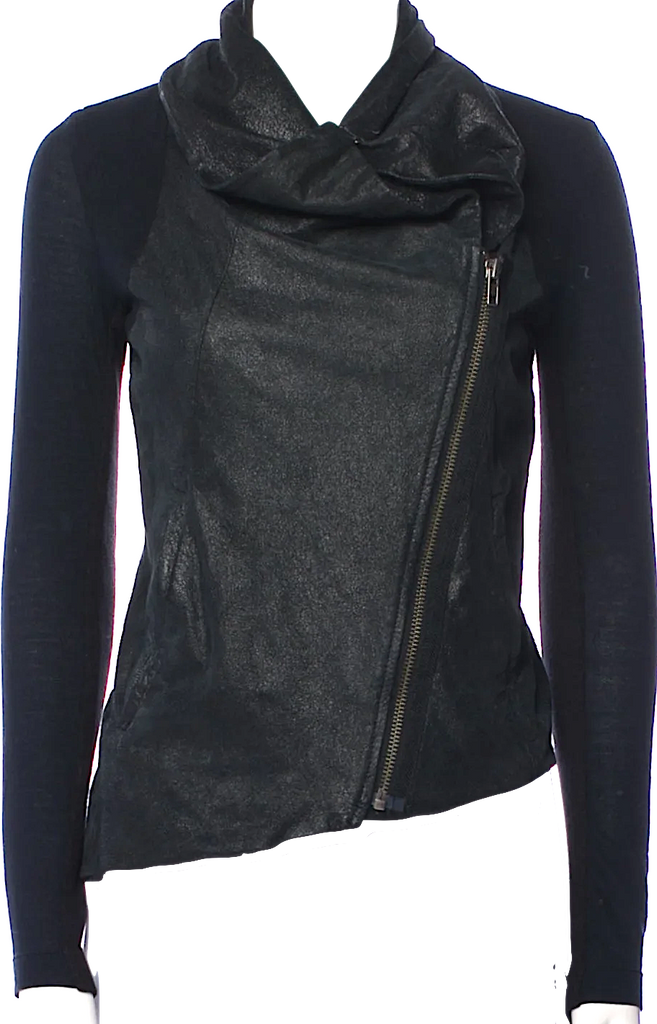 Helmut Lang NY. Black Lamb Leather Cowl Neck Moto Style Jacket