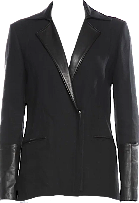 Helmut Lang NY. Black Viscose/Wool Blend Leather Trim Accent Blazer