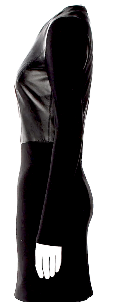 Helmut Lang NY. Black Lambskin Leather Rayon/Nylon/Elastane Blend Fabric Crew Neck Mini Dress