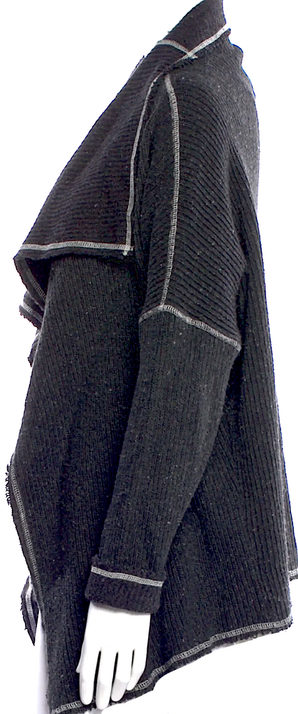 Ivan Grundahl Copenhagen. Black Cotton Contrast Stitching Open Front Sweater