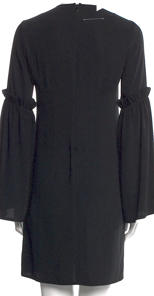 Maison Margiela MM6. Paris. Black Ruffle Accents Bell Sleeve Crew Neck Mini Dress