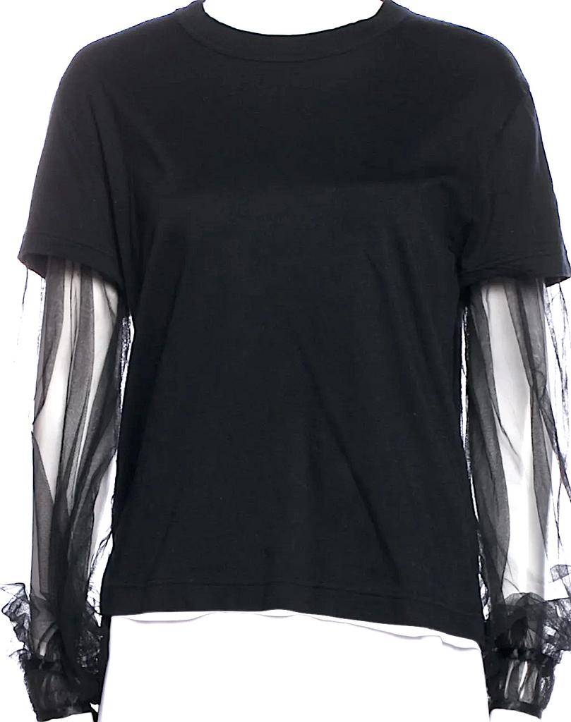 COMME DES GARCONS JAPAN. noir kei ninomiya. Black Crew Neck Mesh Accents Semi Sheer Sleeves Blouse