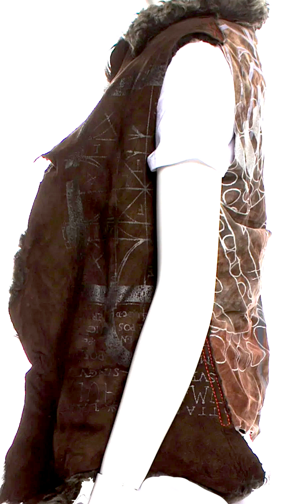 People Of The Labyrinths Amsterdam. Dark Brown Handpainted Open Front Faux Fur / Leather Vest Art To Wear Back Side