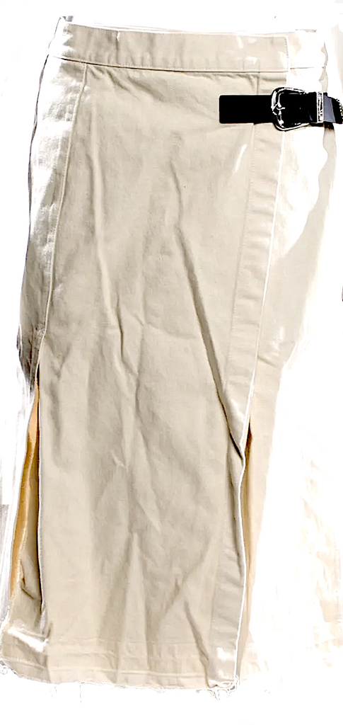 Toga Pulla Archives Japan. Neutrals Cotton/Leather Strap Raw-Edge Trim Midi Length Skirt