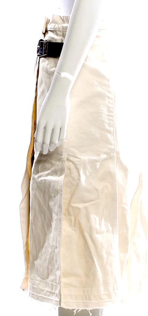 Toga Pulla Archives Japan. Neutrals Cotton/Leather Strap Raw-Edge Trim Midi Length Skirt