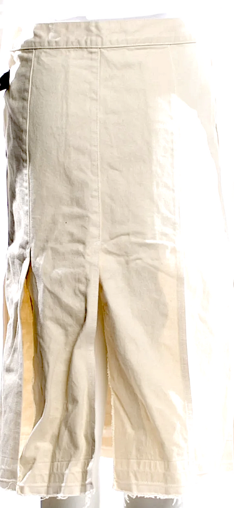 Toga Pulla Archives Japan. Neutrals Cotton/Leather Strap Raw-Edge Trim Midi Length Skirt