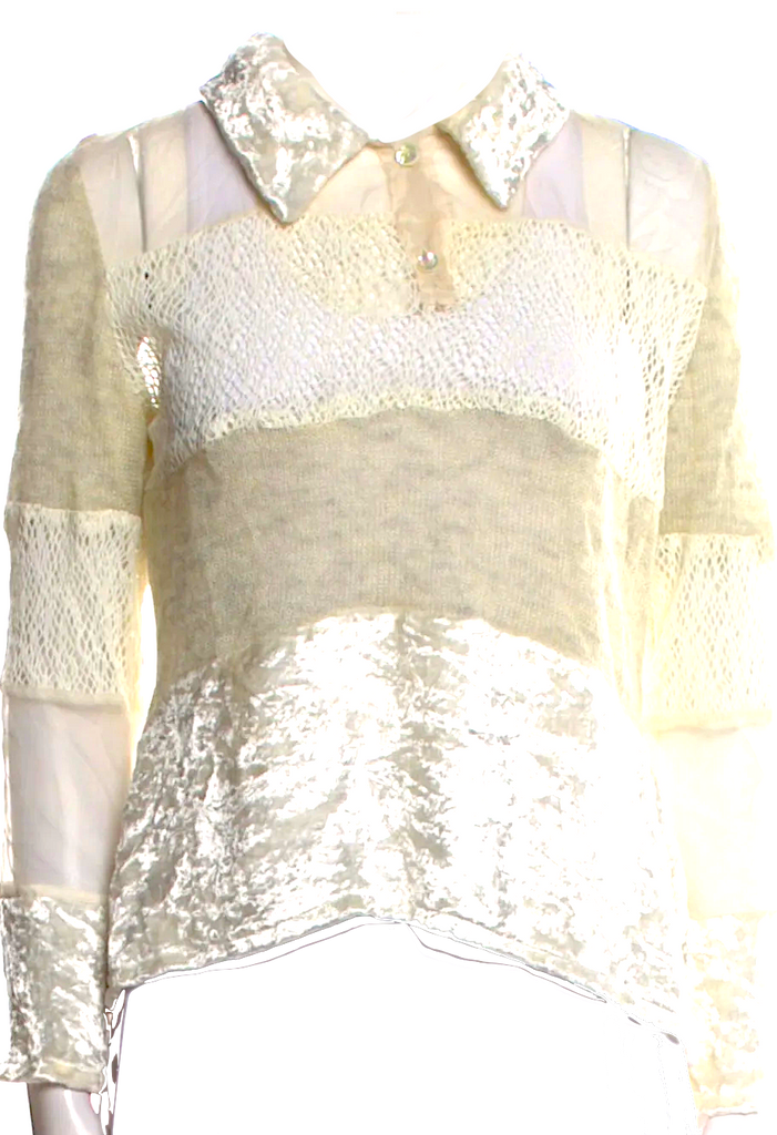 Yoshiki Hishinuma Japan. Vintage Collector's Piece White Rayon, Velvet, Nylon Lace Pattern Blouse