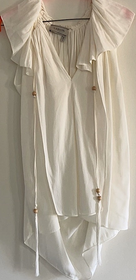 LANVIN Paris Cream Sleeveless Tunic/Dress. Layered Ruffle Front w Tassles