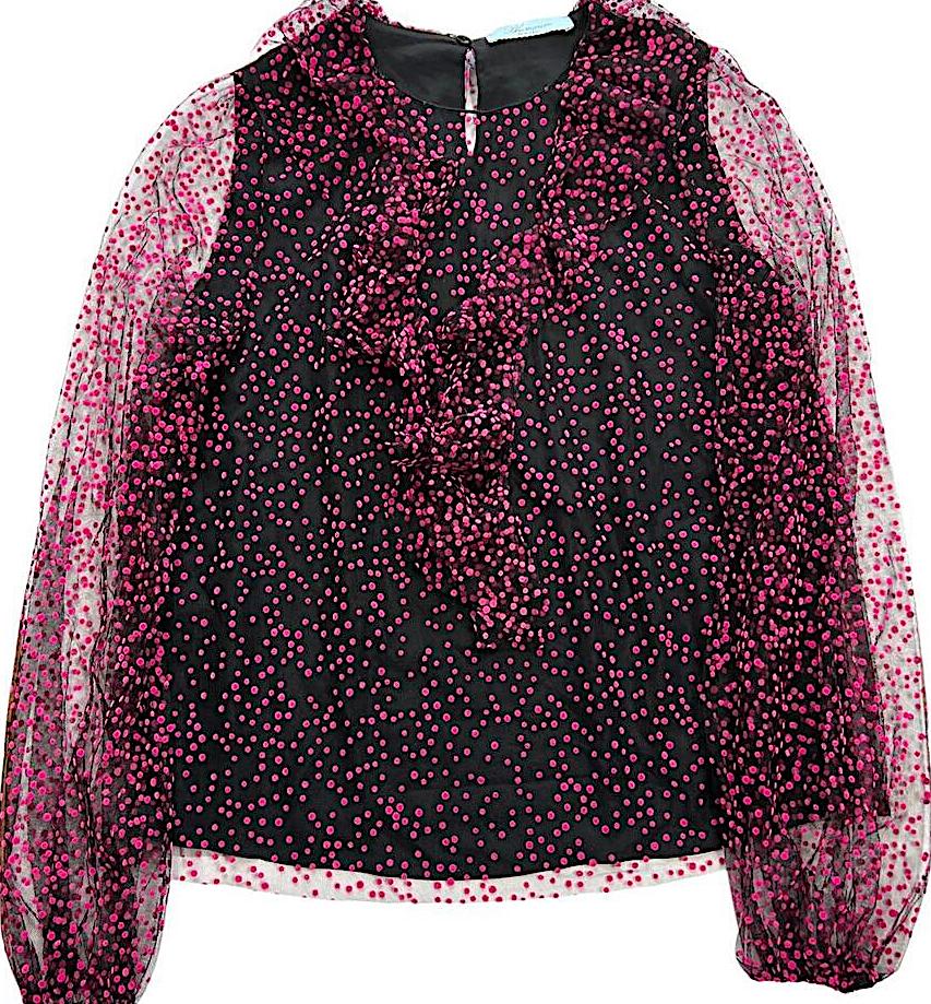 Blumarine Italy. Anna Molinari.  Black Sheer Mesh Blouse with Pink Polka Dots/Ruffle Neckline