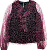 Blumarine Italy. Anna Molinari.  Black Sheer Mesh Blouse with Pink Polka Dots/Ruffle Neckline