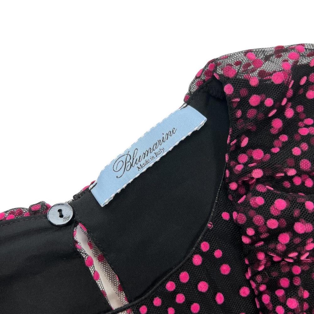 Blumarine Italy. Anna Molinari.  Black Sheer Mesh Blouse with Pink Polka Dots/Ruffle Neckline