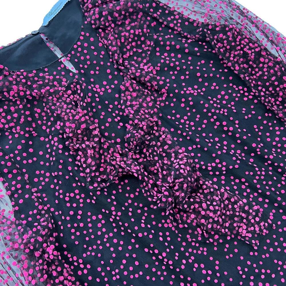 Blumarine Italy. Anna Molinari.  Black Sheer Mesh Blouse with Pink Polka Dots/Ruffle Neckline