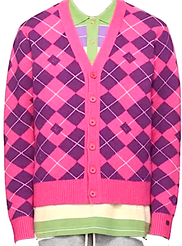 Acne Studios STOCKHOLM. Pink Purple Argyle Face Logo Wool Cardigan