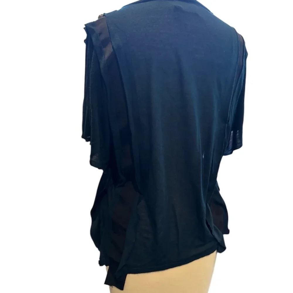 Lanvin Paris. Blue with Black & Gold Grommet Accents Short Sleeve Shirt