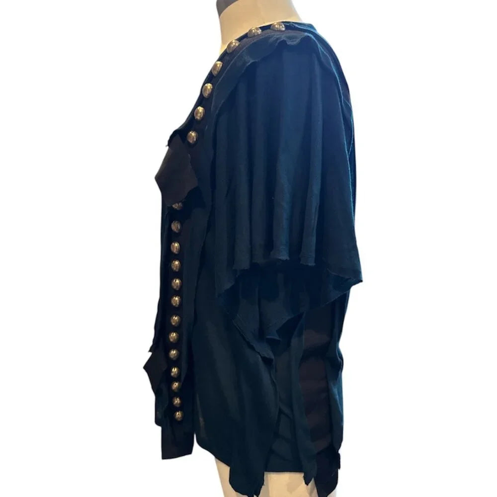 Lanvin Paris. Blue with Black & Gold Grommet Accents Short Sleeve Shirt