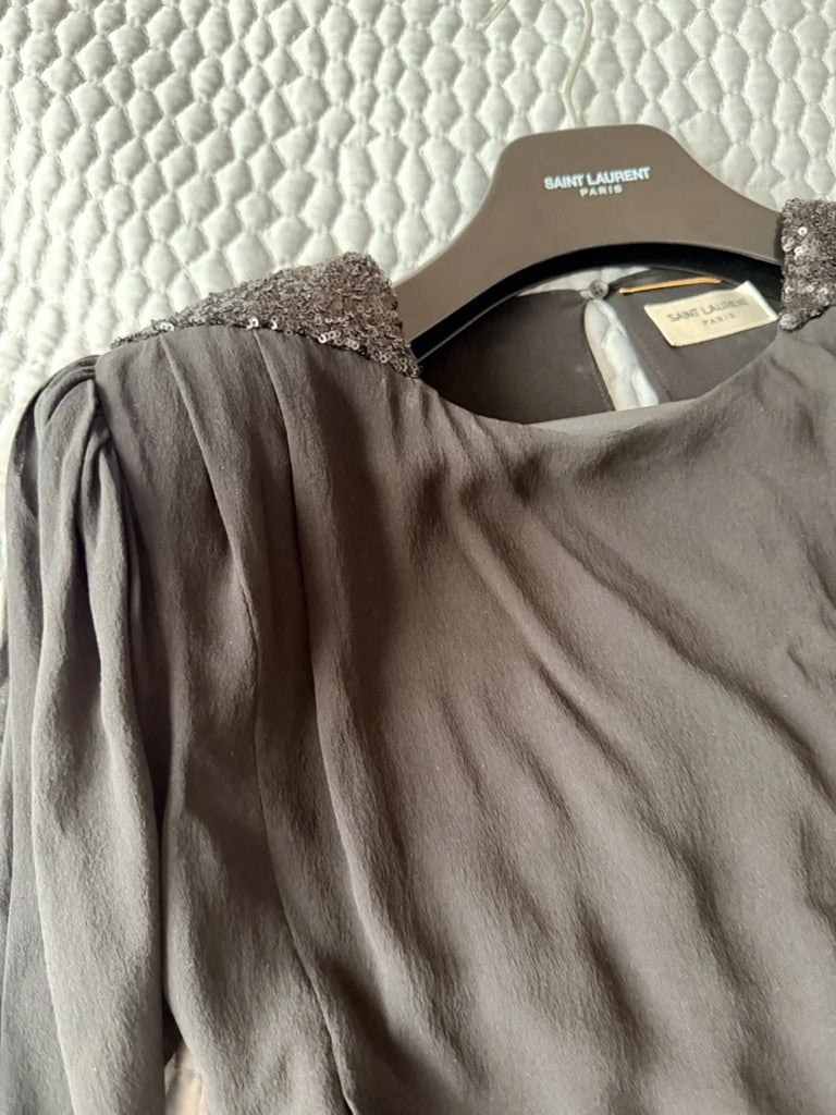 Saint Laurent Paris. HEDI SLIMANE DESIGNER DARK GRAY Ruffled Ruffled Tiered Waist Dress