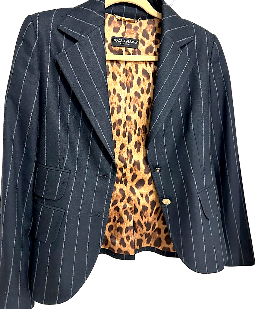 Dolce & Gabbana Italy. Blue Pinstripe Wool Blazer, Leopard Lining Print