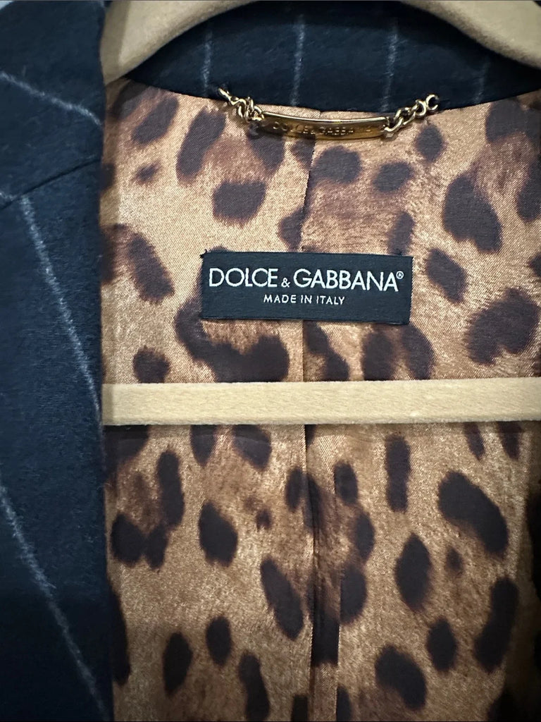 Dolce & Gabbana Italy. Blue Pinstripe Wool Blazer, Leopard Lining Print