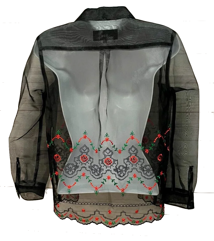 Comme des Garcons JAPAN. Black Semi-Sheer Floral Embroidered Blouse