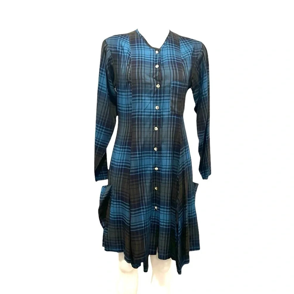 Marithe + Francois Girbaud Paris. Black/ Blue Rayon Plaid Long Sleeve  Button Down Dress